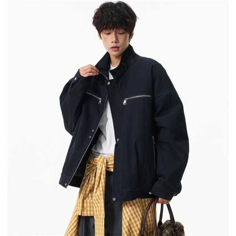 藏青色美式立领棉服男款秋冬季短宽飞行员夹克感痞帅外套MY683图片