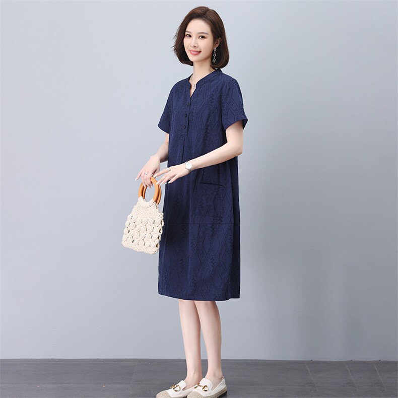 纯棉连衣裙女绣花2025夏季新款宽松休闲大码直筒茧型十三行中长裙,女装连衣裙,独衣靓