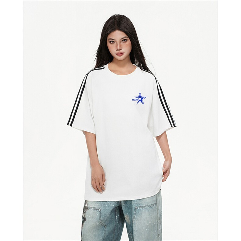 抖音得物高品质二开240克宽松纯棉美式潮牌三条杠织带短袖T恤，男装T恤，电商A486-1