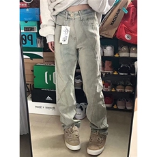 欧美式vibe风复古高街小众黄泥牛仔裤子女高腰阔腿直筒长裤ins潮，男装牛仔裤，星座506A