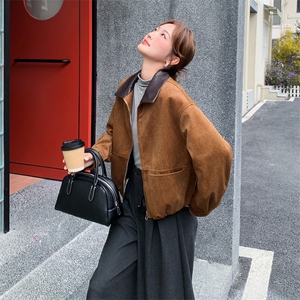 氛围感撞色拼皮翻领90羽绒夹克女2025冬季新款气质通勤风淡人外套图片