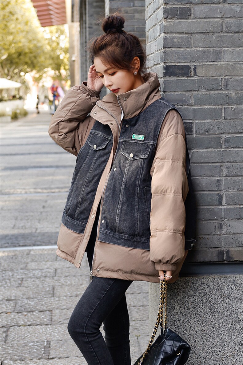 洋气牛仔拼接羽绒服女2022冬装新款女装韩版时尚保暖白鸭绒外套,女装羽绒服,慧尚依恋
