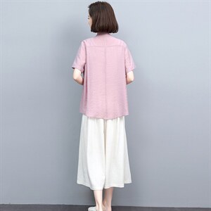 2022重工刺绣短袖衬衫女夏季新款妈妈衬衣棉麻风休闲上衣图片
