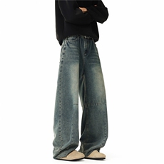 现货美式解构分割水洗做旧牛仔裤显瘦宽松直筒阔腿裤KD328P55，男装牛仔裤，电商D325