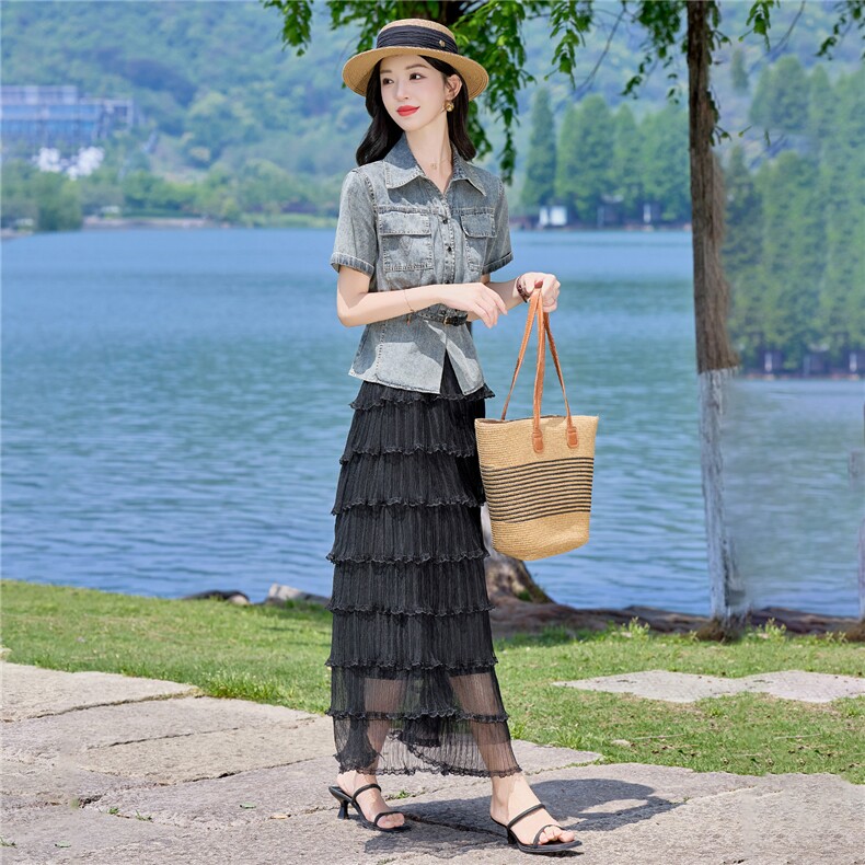 （新款现货）2026夏时尚薄牛仔短袖上衣+蛋糕纱裙两件套（配腰带,女装套装/套裙,印象茜