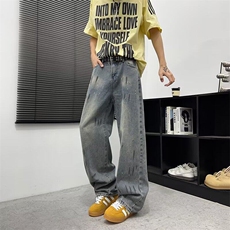 脏染泼墨设计直筒牛仔裤男装夏季美式高街vibe微喇裤RK2816-P45，男装牛仔裤，星座412-3