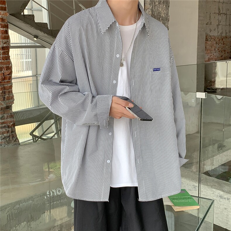 宝蓝色条纹衬衫男长袖春秋款宽松衬衣日系港风外套CS71745,男装衬衫,电商B413-1