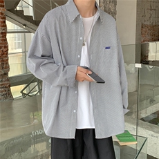 宝蓝色条纹衬衫男长袖春秋款宽松衬衣日系港风外套CS71745，男装衬衫，电商B413-1