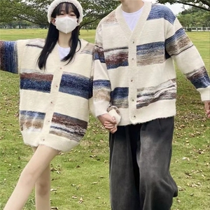 复古条纹V领开衫毛衣慵懒风秋冬新款男女潮牌宽松情侣针织衫外套图片