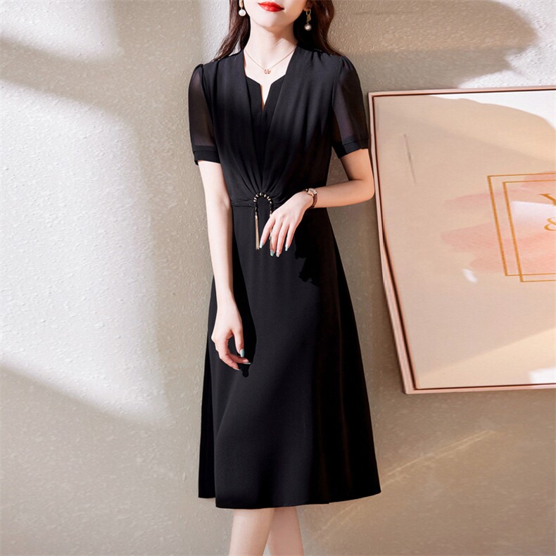 2023年夏季新款通勤减龄显瘦手工串珠泡泡长款连衣裙,女装连衣裙,施恩睿棋