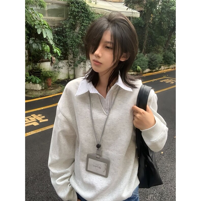假两件卫衣男秋冬校园风拼接设计感长袖外套复古小众简约情侣上衣,男装Polo衫,电商B323A