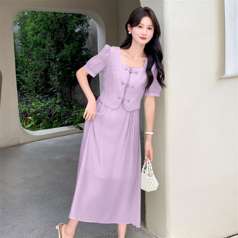 现货新中式气质假两件套连衣裙女2024夏季新款复古元素改良旗袍,女装连衣裙,网红馆