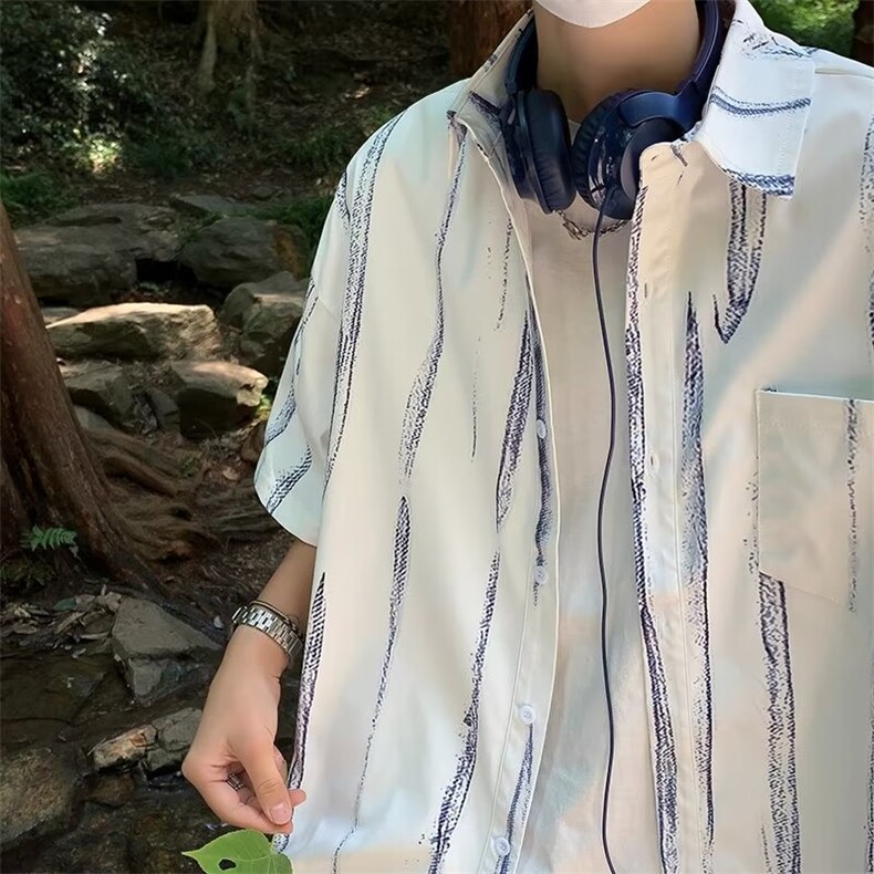 男衬衫文艺标准百搭条纹简约五分袖P30,男装衬衫,星座1116-2