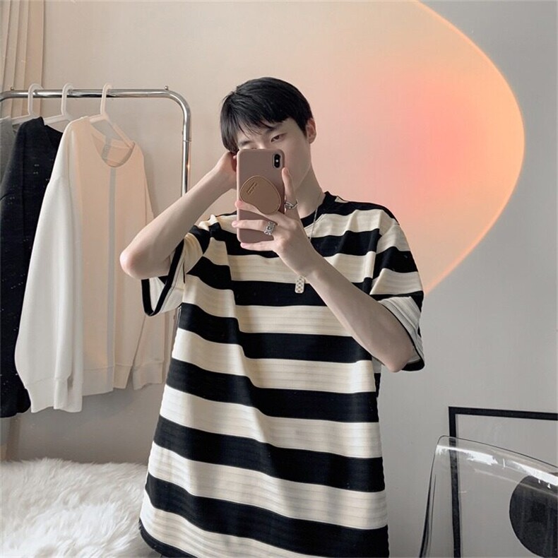 DA168-P45条纹t恤短袖男夏季宽松休闲半袖上衣高街潮牌五分袖体恤,男装T恤,星座603-2