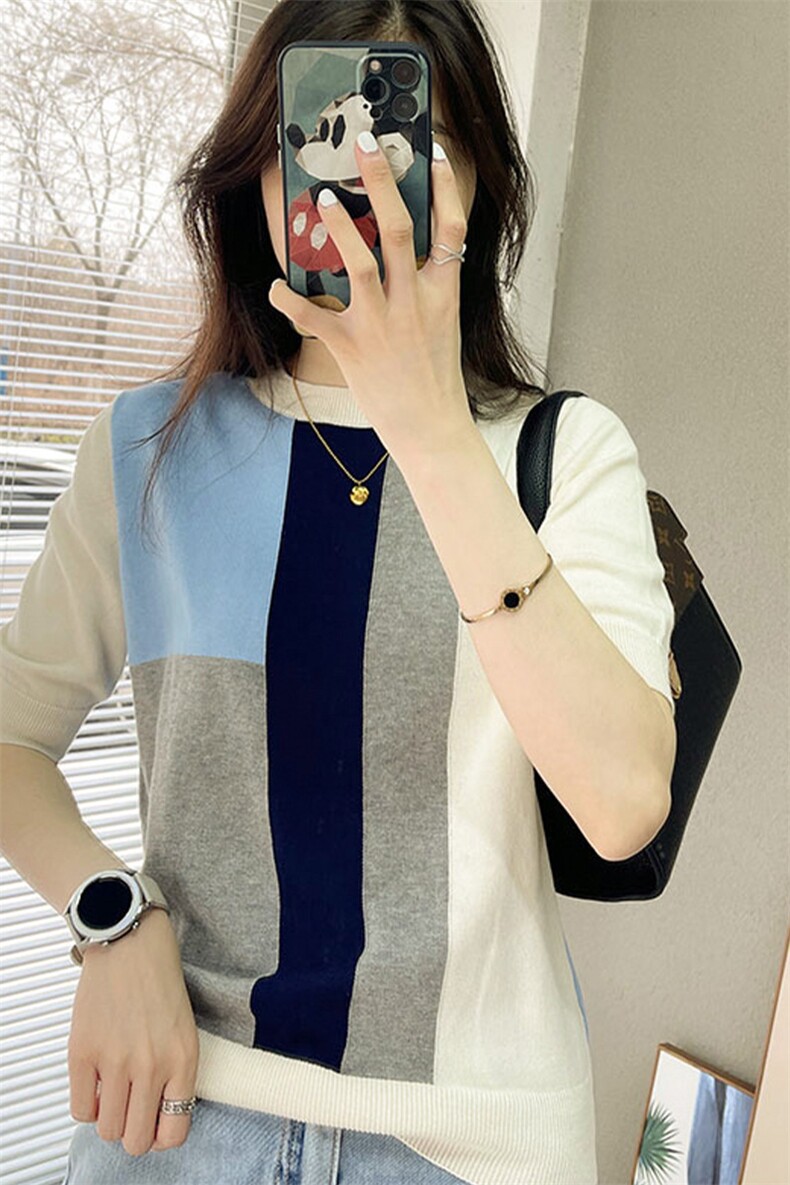 冰丝t恤女圆领撞色薄宽松19夏季新短款半网红宽松针织衫显瘦短袖,针织衫/毛衣,鹏源羊绒