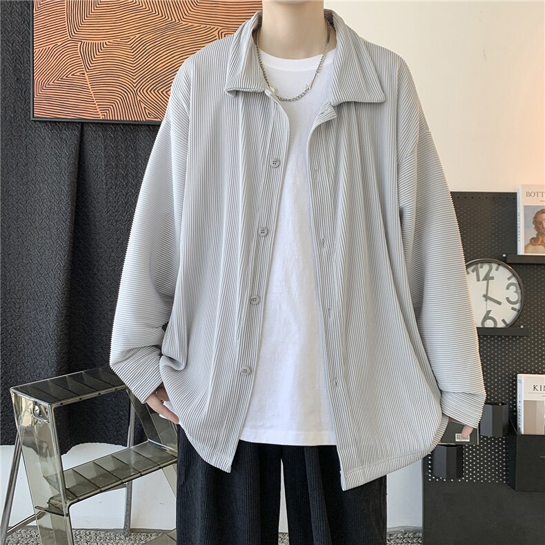 秋装中性港风褶皱纯色宽松长袖衬衫日系男女情侣外套H208/P55,男装衬衫,钱塘713