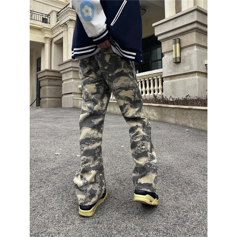 美式vibe迷彩直筒工装牛仔裤男hiphop高街复古微喇修身,男装牛仔裤,星座218-1（原230）