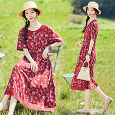 2023夏装新款时尚修身棉麻连衣裙文艺清新优雅女裙收腰过膝，女装连衣裙，铭街依杨