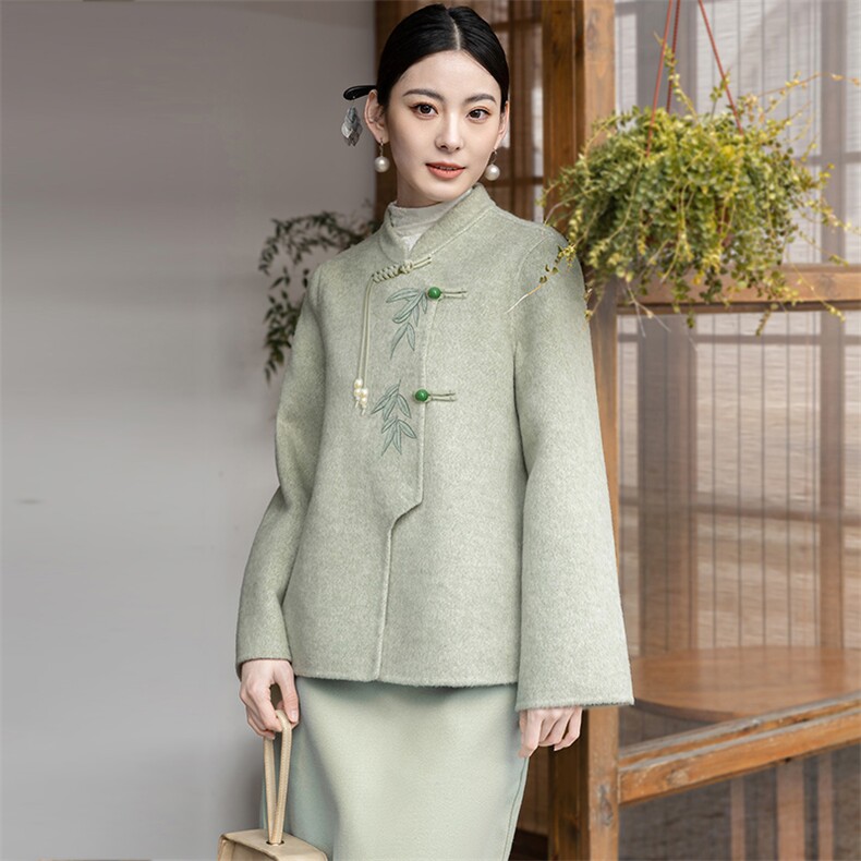中国风双面羊毛套装女2024春秋新款中式改良旗袍高腰茶服两件套裙,女装套装/套裙,芷墨服饰