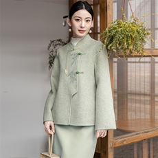 中国风双面羊毛套装女2024春秋新款中式改良旗袍高腰茶服两件套裙，女装套装/套裙，芷墨服饰