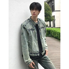 FFY2158-P68美式复古水洗垫肩短款牛仔外套做旧潮高级设计感，男装工装外套，电商B323A