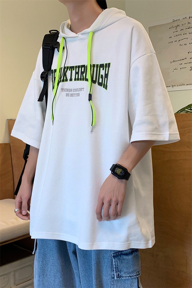 新款优品男士短袖连帽抽绳发泡印花T恤宽松上衣ZDL3207-P53，男装T恤，星座717