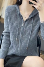 25秋冬新款100%羊毛连帽拉链开衫女羊绒针织宽松百搭坑条上衣外套，女装针织衫/毛衣，萱芳婷羊绒