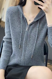 25秋冬新款100%羊毛连帽拉链开衫女羊绒针织宽松百搭坑条上衣外套图片