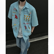 CS09-P50夏季男女同款刺绣休闲短袖衬衫宽松半袖寸衣百搭上衣，男装衬衫，电商B327