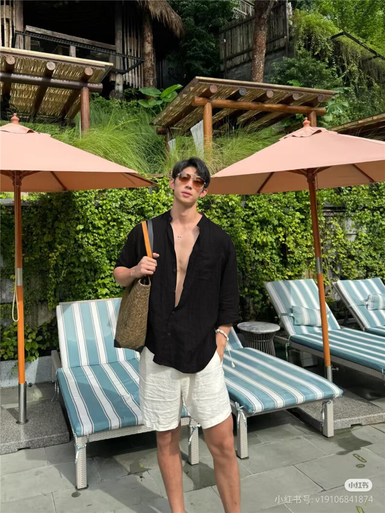 老钱风立领亚麻衬衫男士夏季痞帅慵懒松弛感休闲度假防晒衬衣937,男装防晒衣,星座710