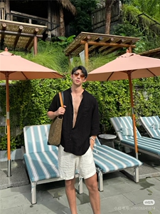 老钱风立领亚麻衬衫男士夏季痞帅慵懒松弛感休闲度假防晒衬衣937图片
