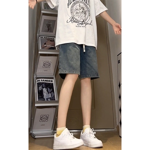 港风松紧腰牛仔短裤男时尚潮流宽松抽绳休闲裤子-DK8480特价P32图片