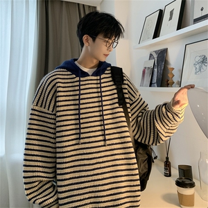 ！23新款宽松大码连帽条纹毛衣加厚针织衫M85-P55图片