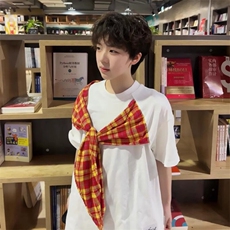 拼接格子布装饰高品质260克双纱纯棉美式高街短袖T恤特P35，男装T恤，电商A486