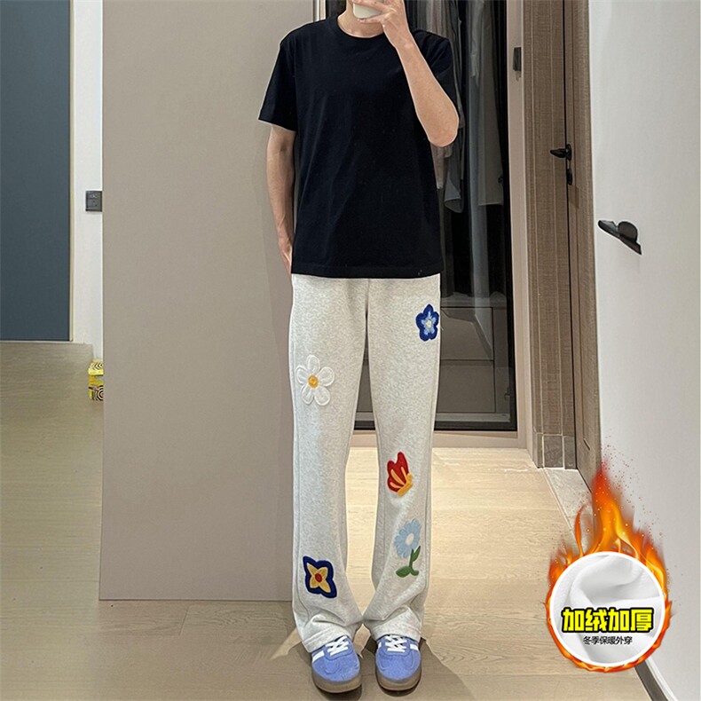 抖音得物高品质秋冬季重磅花卉刺绣潮流运动宽松加绒直筒休闲卫裤，男装休闲裤，电商A486-1