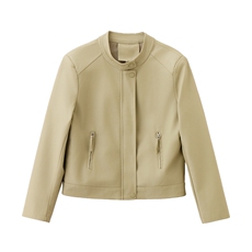 常规无袖口设计2026年春季薄斜插袋修身立领聚酯纤维合成革休闲风，女装皮衣，悦祺