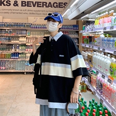 夏季新款港风条纹polo衫短袖男潮流宽松T187-P26，男装Polo衫，星座313A-2