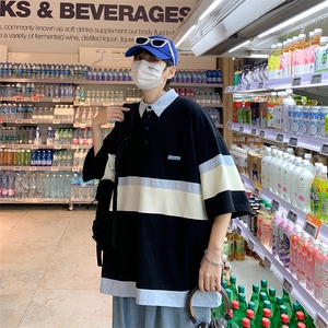 夏季新款港风条纹polo衫短袖男潮流宽松T187-P26图片