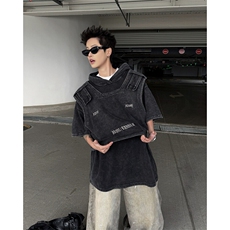 现货！25春季连帽男士设计感刺绣水洗假两件短袖dx188-p78，男装T恤，电商B288