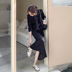 高级感通勤西装套装女2025秋季新款韩系牛仔拼接西服半身裙两件套，女装套装/套裙，2C255