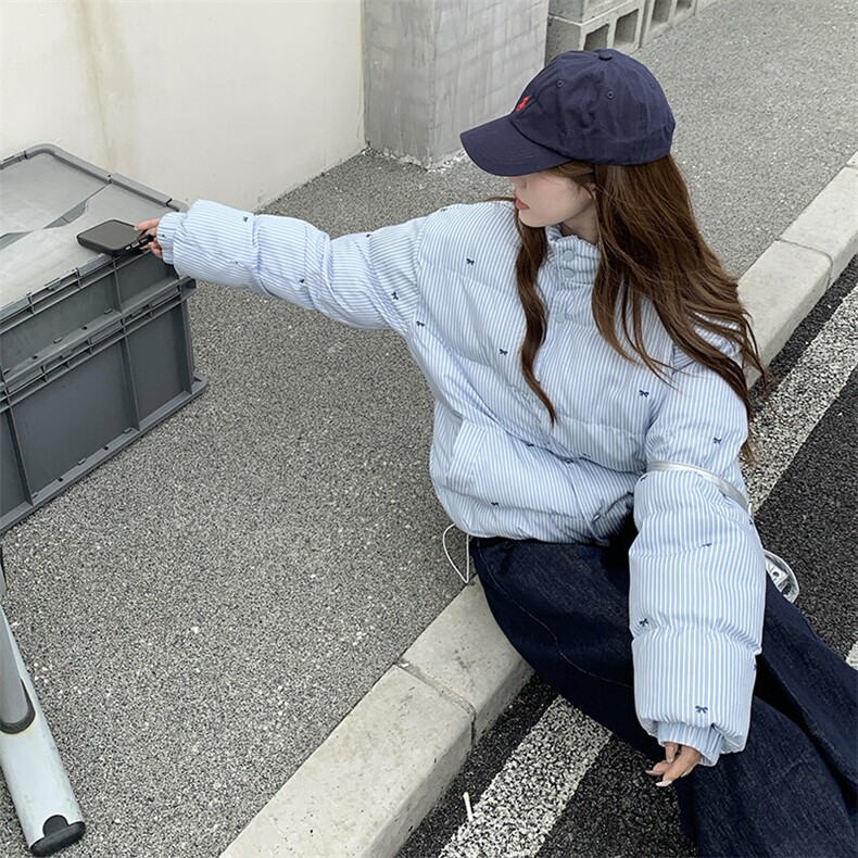 CC088-P85蓝色条纹棉袄蝴蝶结棉服外套女秋冬保暖宽松立领面包服,男装棉衣,星座911-3
