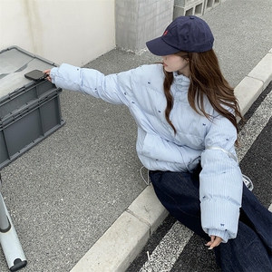 CC088-P85 蓝色条纹棉袄蝴蝶结棉服外套女秋冬保暖宽松立领面包服图片
