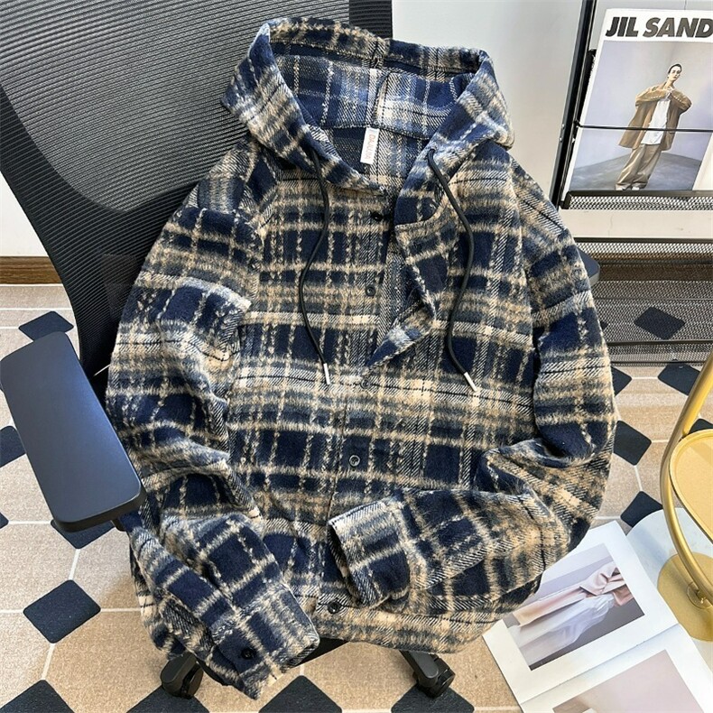 连帽毛呢衬衫男女秋冬潮慵懒风格子衫上衣保暖内搭衬衣HH614P52,男装衬衫,星座1013-5