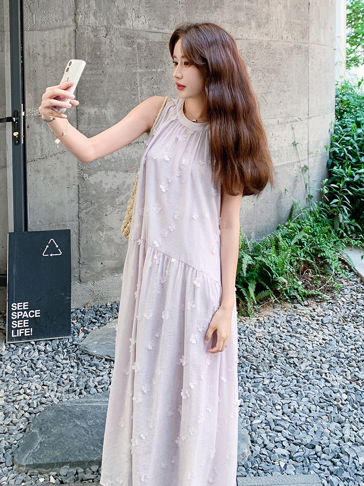 清纯系松弛感浅紫色无袖背心连衣裙女夏慵懒独特绝美度假连身长裙,女装连衣裙,浙宝305