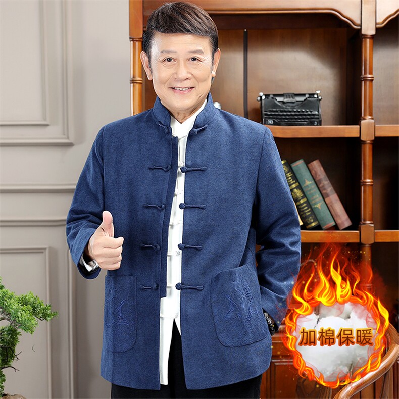 秋冬新款中年唐装男长袖夹克外套加绒棉服YDC8059-常规125加绒135图片
