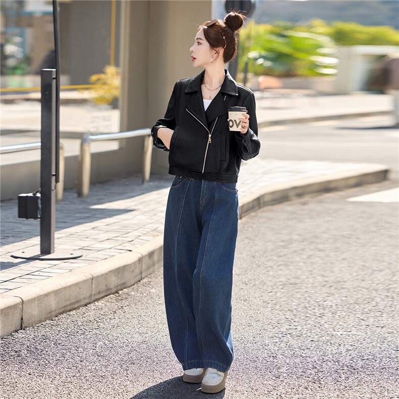 BAO现货休闲夹克翻领斜拉链外套2026春季新款设计感百搭夹克外套,女装皮衣,潮流依族