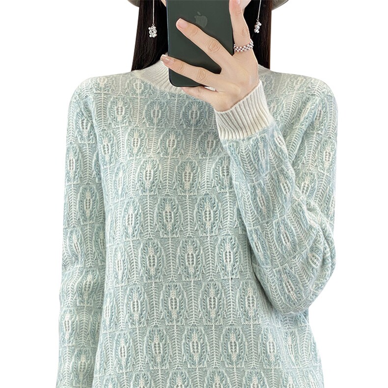 秋冬新款羊毛提花拼色半高领毛衣显瘦保暖时尚女装针织衫,女装羊毛衫,秋虹羊绒
