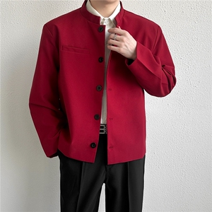 风男立领西装单排扣外套本命红新中式小中山装西服JAK35P60