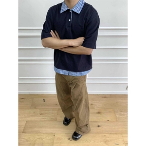 得物抖音高品质二开 夏季美式潮牌高街假两件格子衬衣翻领短袖T恤图片