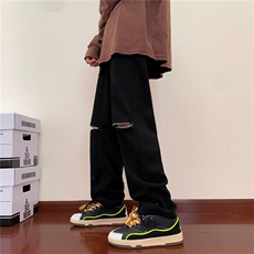 高街复古设计感小众炸街裤子男黑色膝盖破洞拉链牛仔裤K4397-P36，男装休闲裤，星座512-2